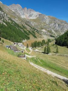 uma estrada sinuosa num campo com montanhas ao fundo em Vieille maison em Aosta