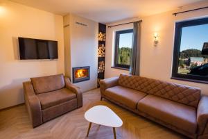 a living room with a couch and a chair and a fireplace at Jahorinski IZLOG in Jahorina