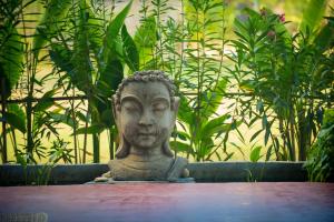 uma estátua sentada em uma mesa na frente das plantas em Oasis Yoga Bungalows em Ko Lanta