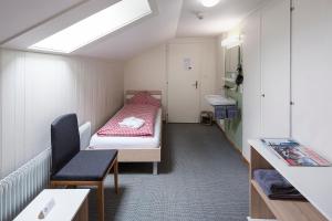 Habitación pequeña con cama y lavamanos en Basic Rooms Jungfrau Lodge, en Grindelwald