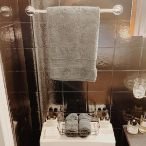 a bathroom with a towel hanging over a sink at Apartment Euforia in Samedan