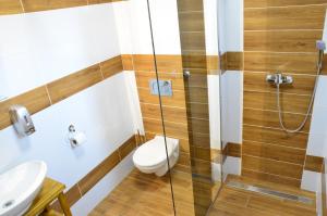 a bathroom with a toilet and a shower at Penzion Tramín in Valtice