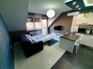 a kitchen and a living room with a couch and a table at INTRO Apartman in Sárvár
