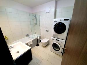 シャールヴァールにあるINTRO Apartmanのトイレの隣に洗濯機が付いたバスルームがあります。