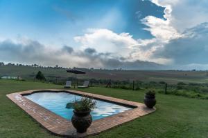 a swimming pool in the middle of a yard with two potted plants at Giant's View Village in Nottingham Road