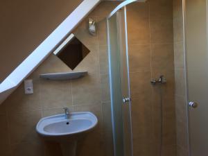 a bathroom with a sink and a shower at Apartment Liberec Stříbrný Kopec in Liberec