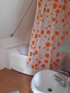 La salle de bains est pourvue d'un rideau de douche et d'un lavabo. dans l'établissement HOSTEL CONDOR, à Rânca