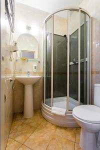 La salle de bains est pourvue d'une douche, d'un lavabo et de toilettes. dans l'établissement Baskov, à Saint-Pétersbourg
