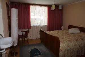 um quarto com uma cama, um lavatório e uma janela em Ferienhaus Rieger em Mallnitz