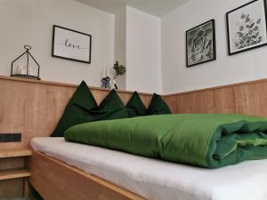 a bed with a green comforter on top of it at Ferienwohnung Hirscher in Annaberg im Lammertal