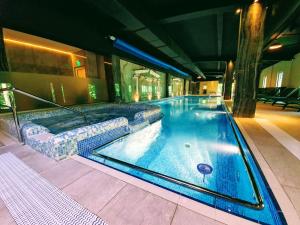 a large swimming pool with a couch in a building at Hotel Posada Vidraru in Căpăţîneni-Ungureni