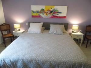 a bedroom with a large bed with two tables and two lamps at LE PRESSOIR in Mercurol
