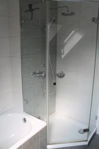 una ducha con una puerta de cristal junto a un lavabo en Gästezimmer 10 min von der Altstadt entfernt en Hattingen