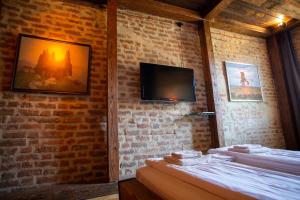 リヴィウにあるVysoka Khataのレンガの壁にテレビとベッド2台が備わる客室です。