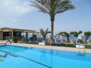 a swimming pool with a palm tree and chairs at Malliotakis Beach Hotel "by Checkin" in Stalida