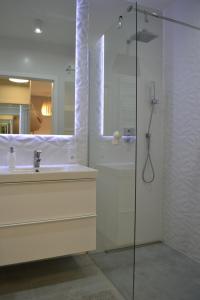 y baño con lavabo y ducha acristalada. en Stella del Mare 4 en Władysławowo