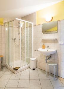 La salle de bains est pourvue d'une douche et d'un lavabo. dans l'établissement Starbauer, à Golling an der Salzach