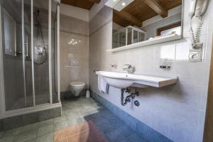 a bathroom with a sink and a shower and a toilet at Aria D'Bosch in Badia