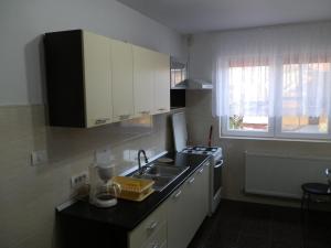 a kitchen with white cabinets and a sink and a window at Garsoniera Strada Bucegi in Sibiu