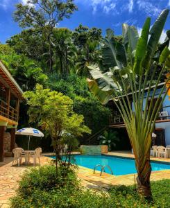 a palm tree next to a swimming pool at Residencial Vilamar in Ilhabela