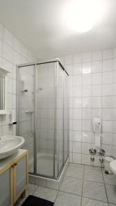 Un baño con ducha, inodoro y lavabo. en Innsbruck Apartment Nigler, en Innsbruck