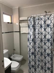 a bathroom with a toilet sink and a shower curtain at Departamento Ideal Super Centrico!! in Mendoza