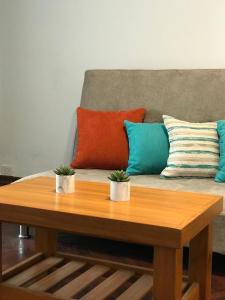 a coffee table with pillows on a couch at Departamento Ideal Super Centrico!! in Mendoza