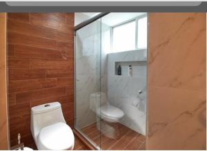 een badkamer met toilet en glazen douche bij Vive la Roma, ubicación ideal in Mexico-Stad +19 foto's