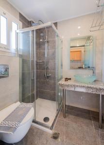 een badkamer met een douche, een toilet en een wastafel bij Callinica Hotel in Tsilivi