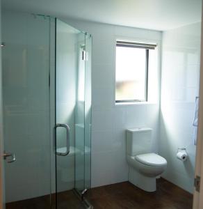 a bathroom with a toilet and a glass shower at 850 Cameron Motel in Tauranga