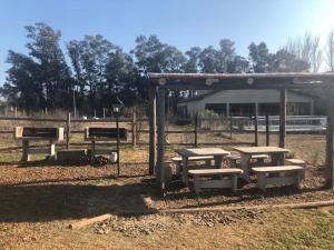 un grupo de mesas de picnic y bancos en un parque en Cabañas Rosmar en Colón