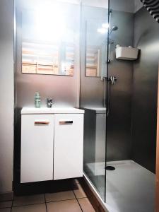 ein Bad mit einer Dusche und einem weißen Waschbecken in der Unterkunft Boost Your Immo Les Deux Alpes 149 / Grande Chaume in Les Deux Alpes
