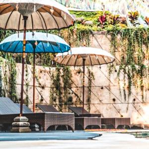 - deux parasols installés au-dessus d'une piscine dans l'établissement The Jungle Villa Family, à Ubud