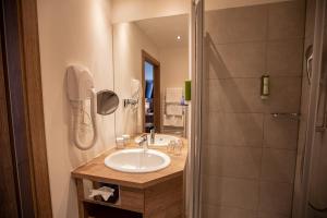 a bathroom with a sink and a shower at Hotel Elefant Family Business in Salzburg