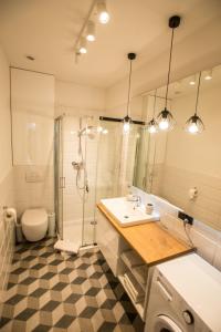a bathroom with a sink and a shower and a toilet at Apartament MANSARDA in Września