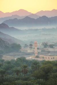 a view of a city with a clock tower and mountains at Happiness Farm in Hatta