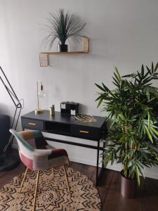 una scrivania e una sedia in una stanza con due piante di Appmt Cosy 2 pièces - Haut Standing a Bayonne
