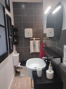 La salle de bains est pourvue d'un lavabo et de toilettes. dans l'établissement Appmt Cosy 2 pièces - Haut Standing, à Bayonne