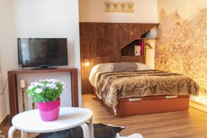 1 dormitorio con 1 cama, TV y mesa en Domus Lapidis - El Taller, en Bogarra