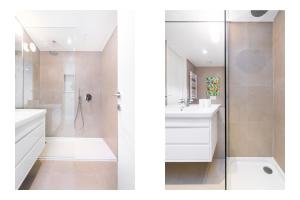 a white bathroom with a shower and a sink at WHome | CSA18 Premium Design Apartment in Lisbon +8 photos