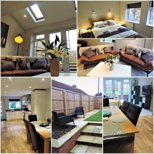 un collage de fotos de una sala de estar y un dormitorio en 3 Bed Farnborough Air Accommodation, en Farnborough