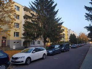 Une rangée de voitures garées dans une rue à côté d'un bâtiment dans l'établissement 1+1 Znojmo, à Znojmo