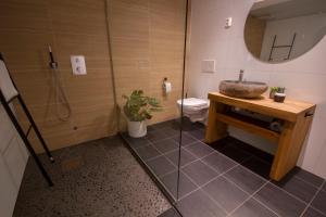 a bathroom with a toilet, sink, and shower stall at Unstad Arctic Surf in Unnstad