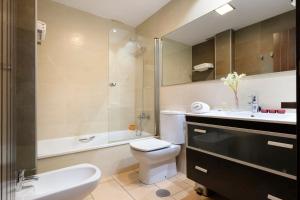 a bathroom with a toilet and a sink and a shower at Los Castillarejos Apartamentos Rurales in Luque