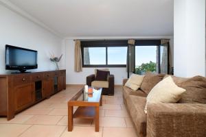 Una sala de estar con un sofá y un televisor. en Los Castillarejos Apartamentos Rurales, en Luque