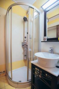 a bathroom with a shower and a sink at Ellis Full Guest House in Tsagarada
