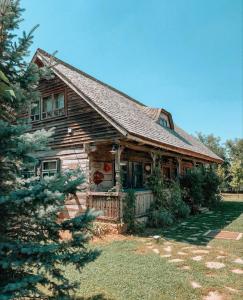 a wooden house with a tree in front of it at Gradina Vlahiia in Snagov