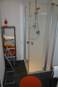 a shower with a glass door in a bathroom at Ferienwohnung Meding am See in Schondorf am Ammersee