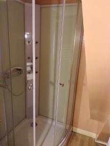 a shower with a glass door in a bathroom at Tonton39 in Saint-Claude