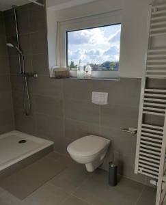 a bathroom with a toilet and a window at Ferienwohnung Marlena in Hage